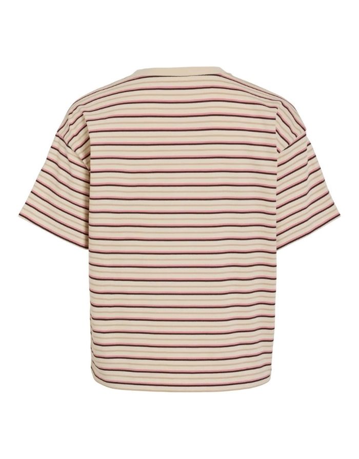 Gestreiftes Vimonie Stripe T-Shirt von VILA in Birch, Mauve und Coffee Bean mit Rundhalsausschnitt und kurzen Ärmeln aus Baumwolle und Bio-Baumwolle als Freisteller von hinten