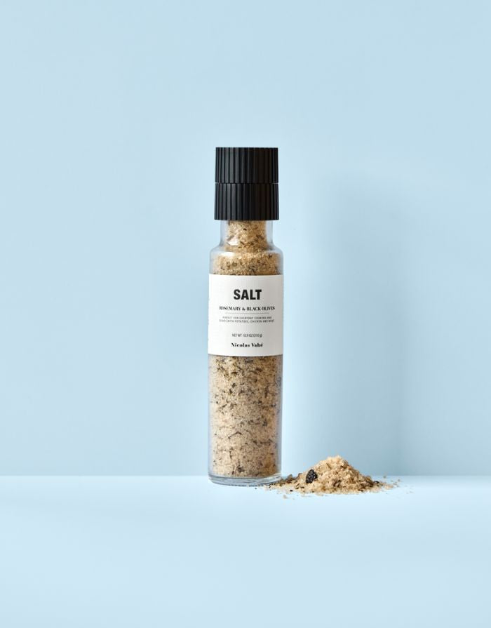 Nicolas Vahé Salz Rosmarin & schwarze Olive – mediterrane Meersalzmischung in Mühle, 310 g.
