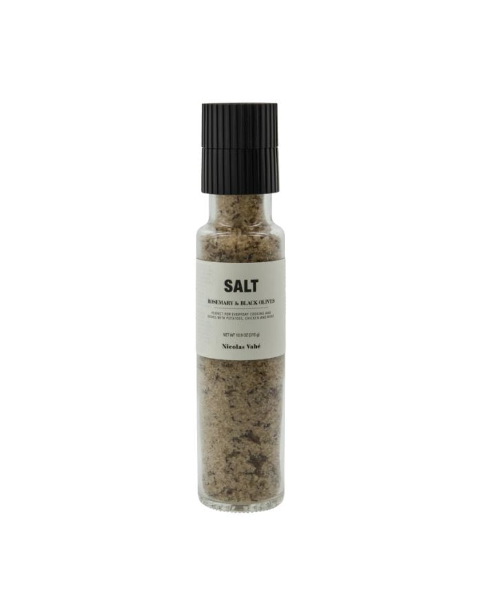Nicolas Vahé Salz Rosmarin & schwarze Olive – mediterrane Meersalzmischung in Mühle, 310 g.