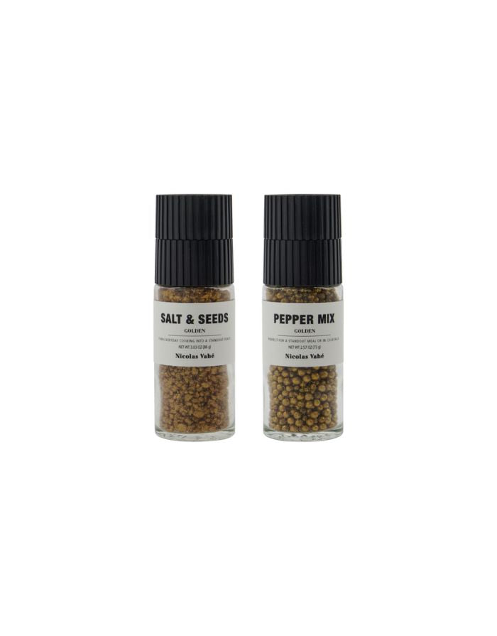 Nicolas Vahé Geschenkbox Golden Mix mit goldener Pfeffermischung und goldenem Salz-Saaten-Mix.