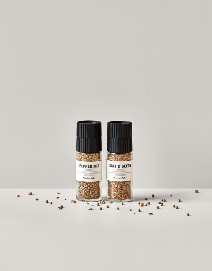 Nicolas Vahé Geschenkbox Golden Mix mit goldener Pfeffermischung und goldenem Salz-Saaten-Mix.