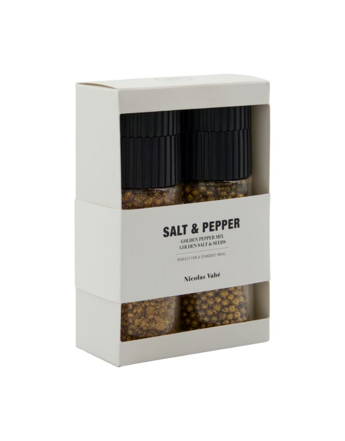 Nicolas Vahé Geschenkbox Golden Mix mit goldener Pfeffermischung und goldenem Salz-Saaten-Mix.
