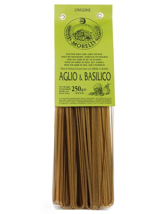 Morelli Garlic and Basil Linguine mit Knoblauch und Basilikum, italienische Gourmet Pasta mit mediterranem Geschmack