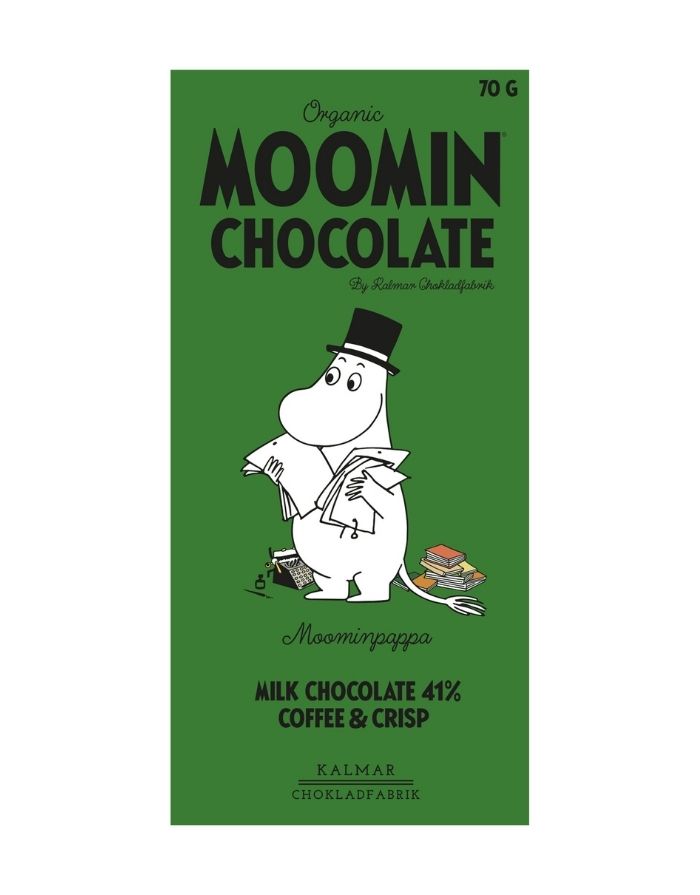 Moomin Bio-Schokoladentafel von Kalmar Chokladfabrik mit Milchschokolade, Kaffee und Krokant im Muminpapa-Design.