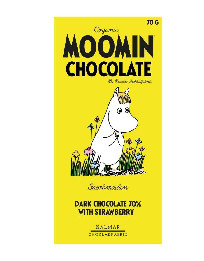 Moomin Bio-Schokoladentafel von Kalmar Chokladfabrik mit 70 % Zartbitterschokolade und gefriergetrockneten Erdbeeren.