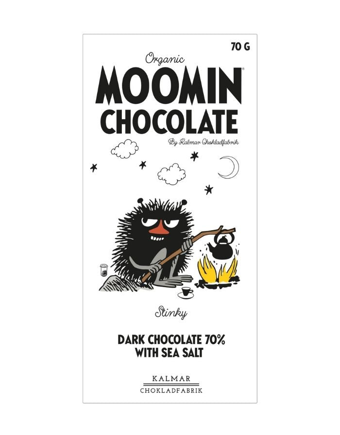 Moomin Bio-Schokoladentafel von Kalmar Chokladfabrik mit 70 % dunkler Schokolade und Meersalz im Stinky-Design.