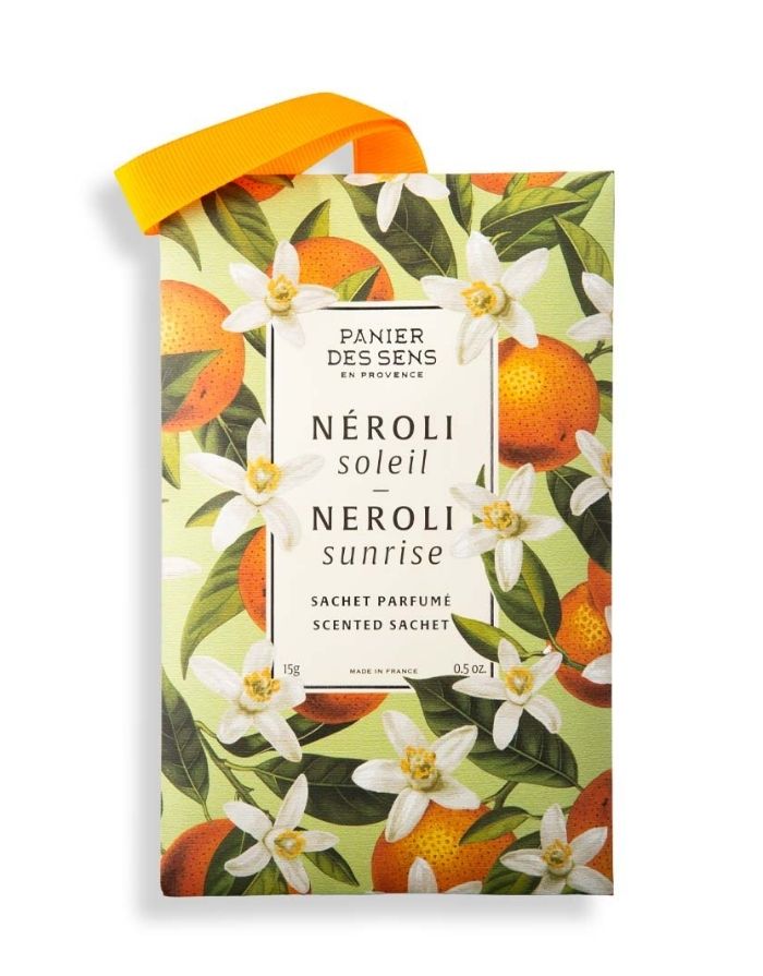 Duftsäckchen Sonne Neroli von Panier des Sens mit frischem Neroli-, Zitrus- und Blütenduft für Kleiderschrank, Schubladen und Wäsche.