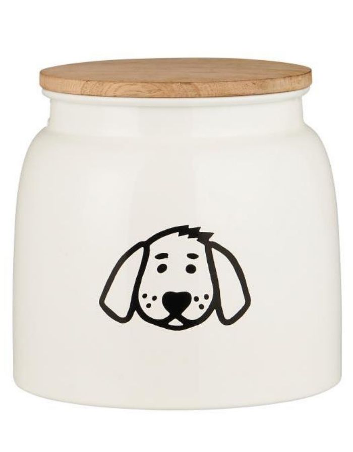 Weiße Hundefutterdose von Ib Laursen mit Hundemotiv und Holzdeckel, 2,2 Liter, 15,5 cm hoch, 16 cm Durchmesser