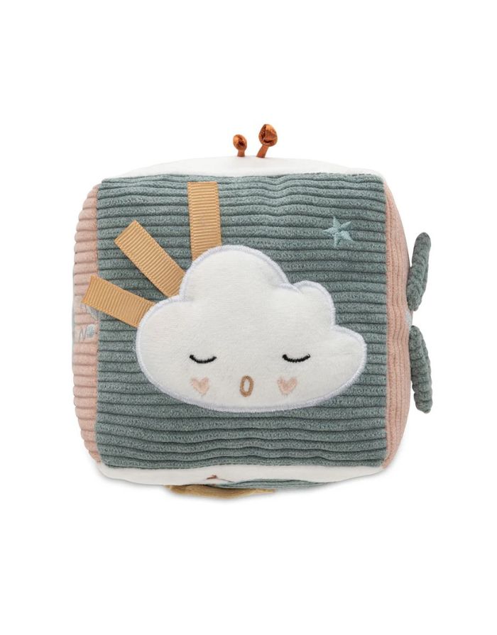 Jollein Aktivitäten-Würfel „Lovely Birds“ – weicher Baby-Spielwürfel mit Vögeln, Wolken, Blumen, Sternen und Fee Amy, mit Stickereien und Labels, 10x10x10 cm, handwaschbar.