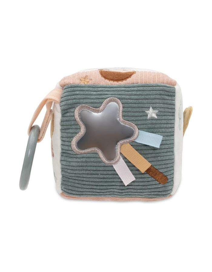 Jollein Aktivitäten-Würfel „Lovely Birds“ – weicher Baby-Spielwürfel mit Vögeln, Wolken, Blumen, Sternen und Fee Amy, mit Stickereien und Labels, 10x10x10 cm, handwaschbar.