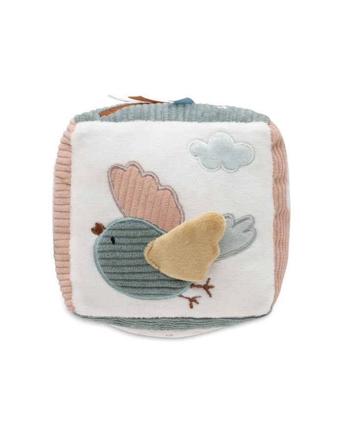 Jollein Aktivitäten-Würfel „Lovely Birds“ – weicher Baby-Spielwürfel mit Vögeln, Wolken, Blumen, Sternen und Fee Amy, mit Stickereien und Labels, 10x10x10 cm, handwaschbar.