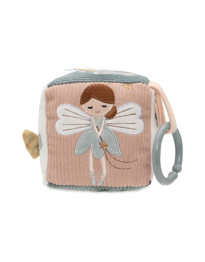 Jollein Aktivitäten-Würfel „Lovely Birds“ – weicher Baby-Spielwürfel mit Vögeln, Wolken, Blumen, Sternen und Fee Amy, mit Stickereien und Labels, 10x10x10 cm, handwaschbar.