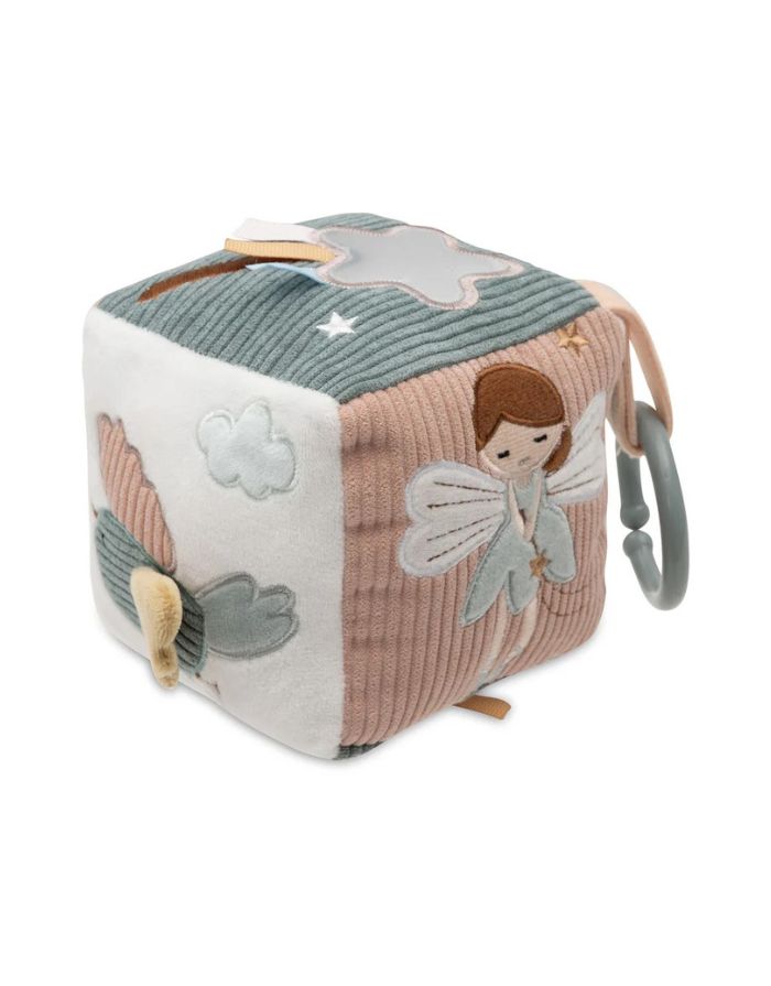 Jollein Aktivitäten-Würfel „Lovely Birds“ – weicher Baby-Spielwürfel mit Vögeln, Wolken, Blumen, Sternen und Fee Amy, mit Stickereien und Labels, 10x10x10 cm, handwaschbar.