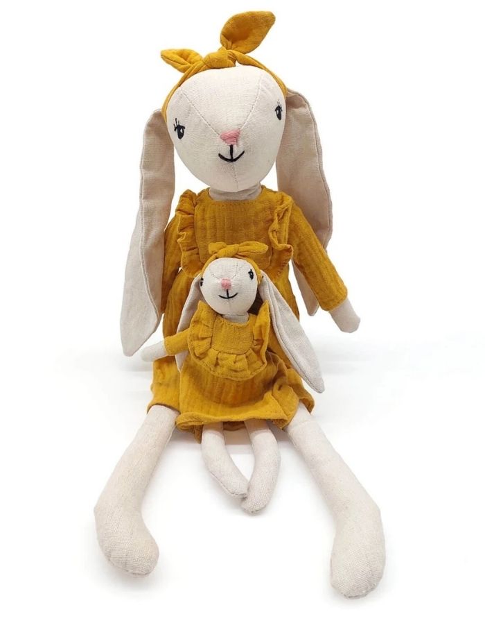 Mea Lini Stofftier Hase Hedda klein aus Leinen und Baumwolle in sanften Pastelltönen.
