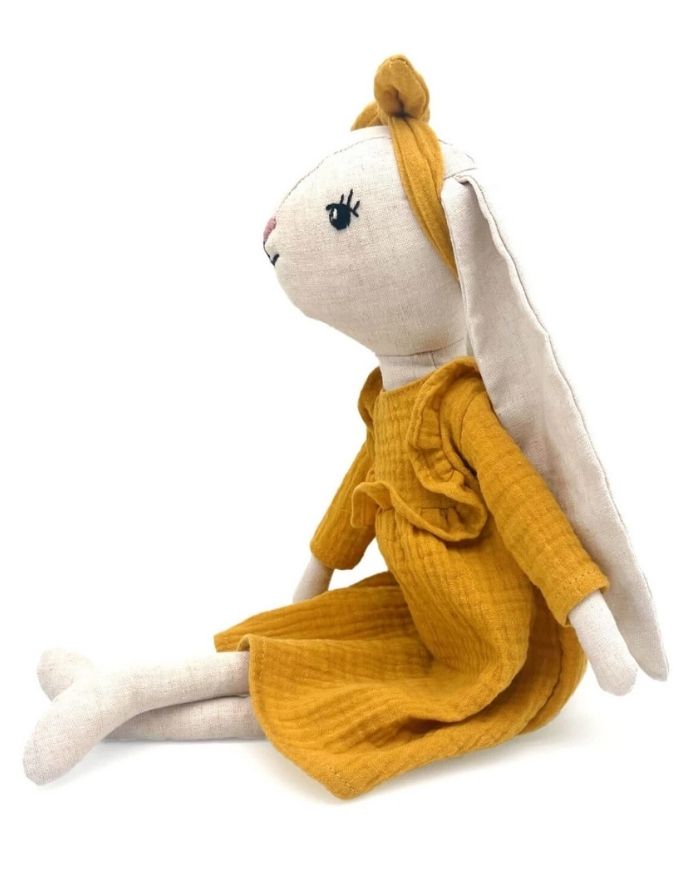  Mea Lini Stofftier Hase Hedda groß mit Sommerkleid aus Leinen und Baumwolle in sanften Pastelltönen.