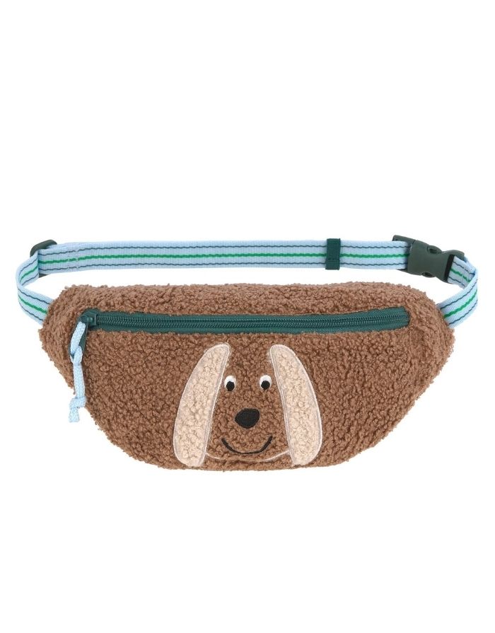 Braune Bauchtasche Tiny Team Hund von LÄSSIG mit Teddy-Fleece, 3-D-Hundestickerei und verstellbarem Gurt für Kinder.