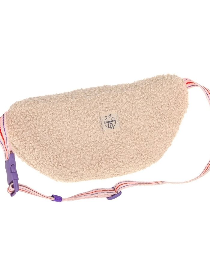  Beige Bauchtasche Tiny Team Katze von LÄSSIG mit Teddy-Fleece, 3-D-Katzenstickerei und verstellbarem Gurt für Kinder.