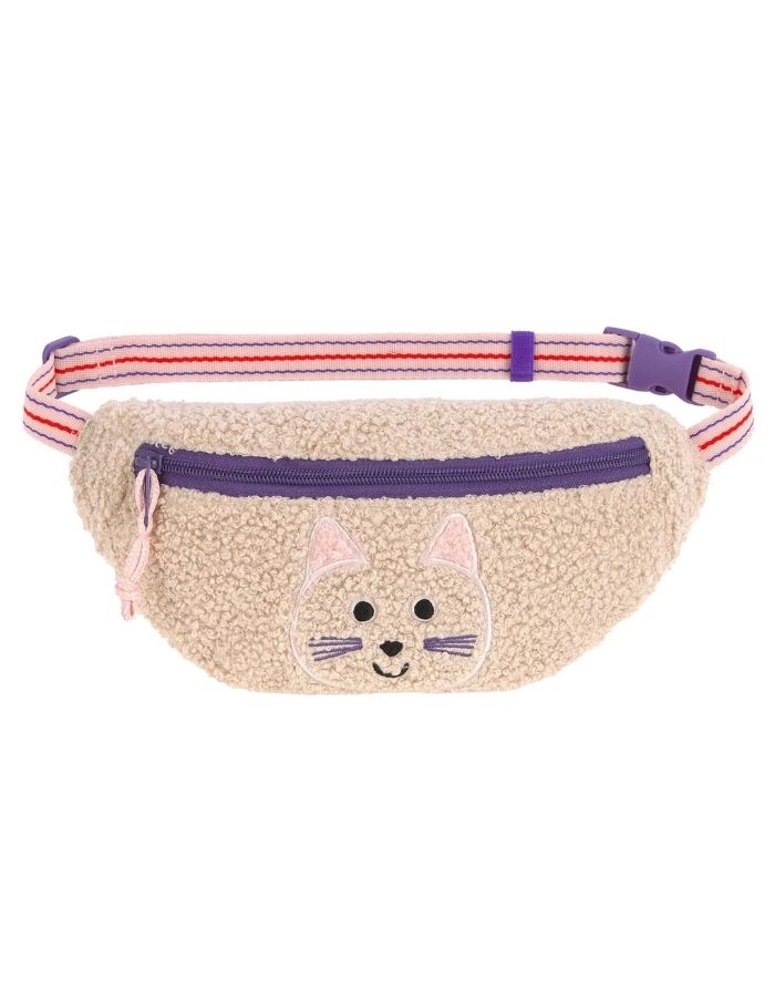 Beige Bauchtasche Tiny Team Katze von LÄSSIG mit Teddy-Fleece, 3-D-Katzenstickerei und verstellbarem Gurt für Kinder.