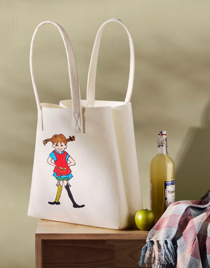 Pippi Langstrumpf Beutel aus Filz-ähnlichem recyceltem Material, 40 x 40 cm, mit Pippi-Motiv, ideal für Alltag und Einkäufe