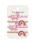 Pink Pony Stripy Haargummis von Rockahula im 4er-Set mit glitzernden Ponys, Regenbogen-Motiven und elastischen Haargummis in Gold und Rosa.