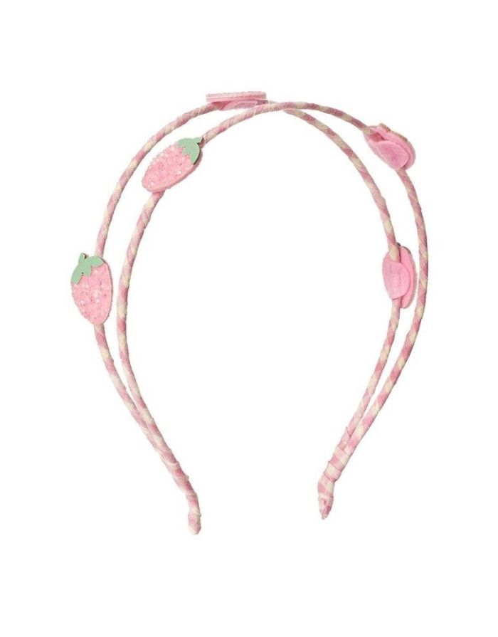 Strawberry Fields Double Haarreif von Rockahula mit doppeltem Erdbeer-Design und rosafarbenem Vichy-Karoband.
