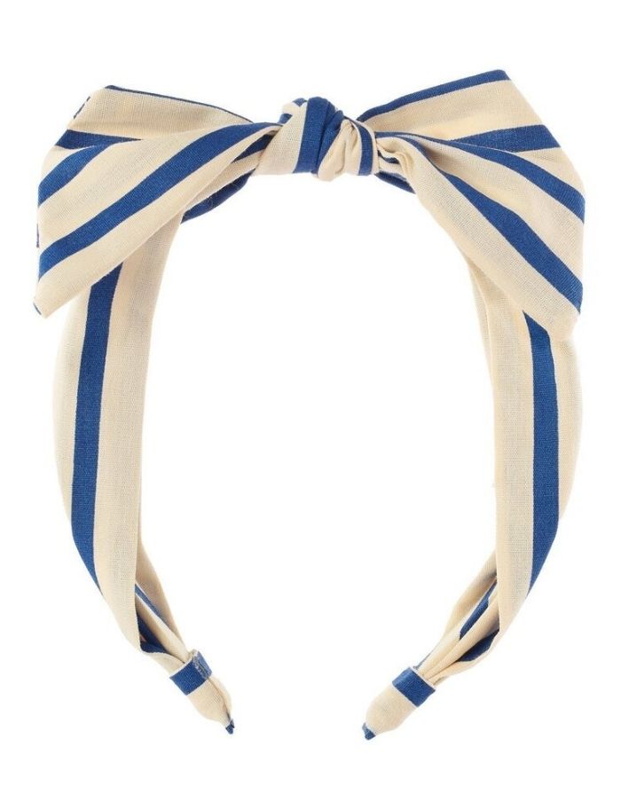  Riviera Stripe Haarband von Rockahula mit blau-naturfarbenem Streifenmuster und handgebundener Schleife.