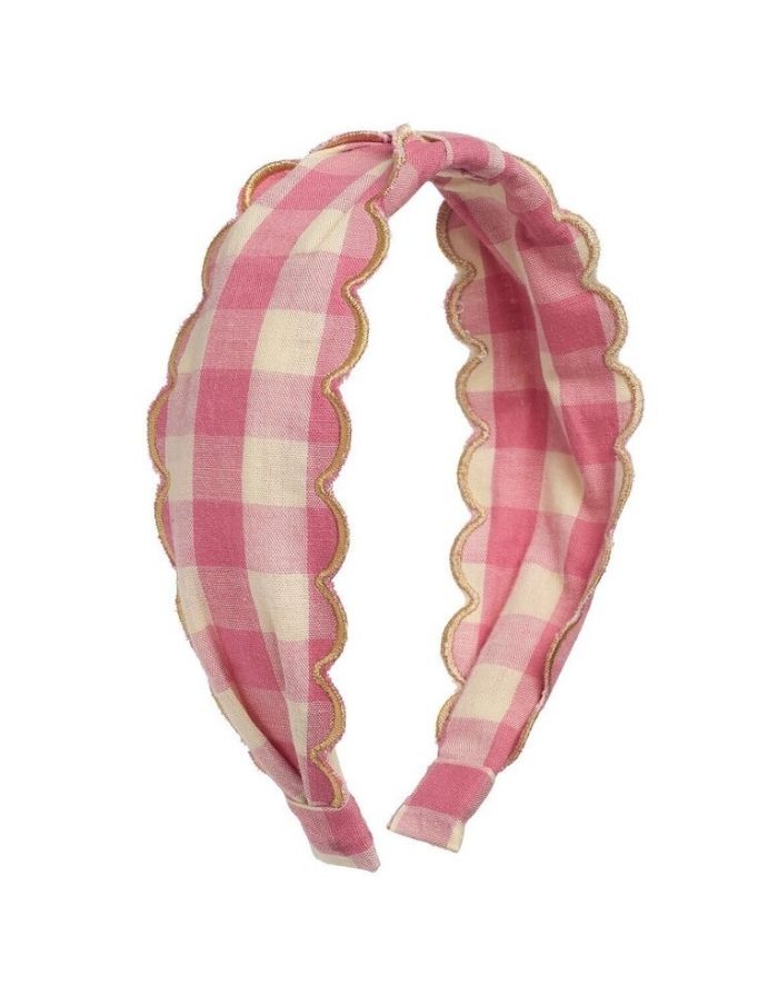 Scalloped Gingham Haarreifen von Rockahula in Altrosa mit Vichy-Karomuster und dekorativer Wellenkante.
