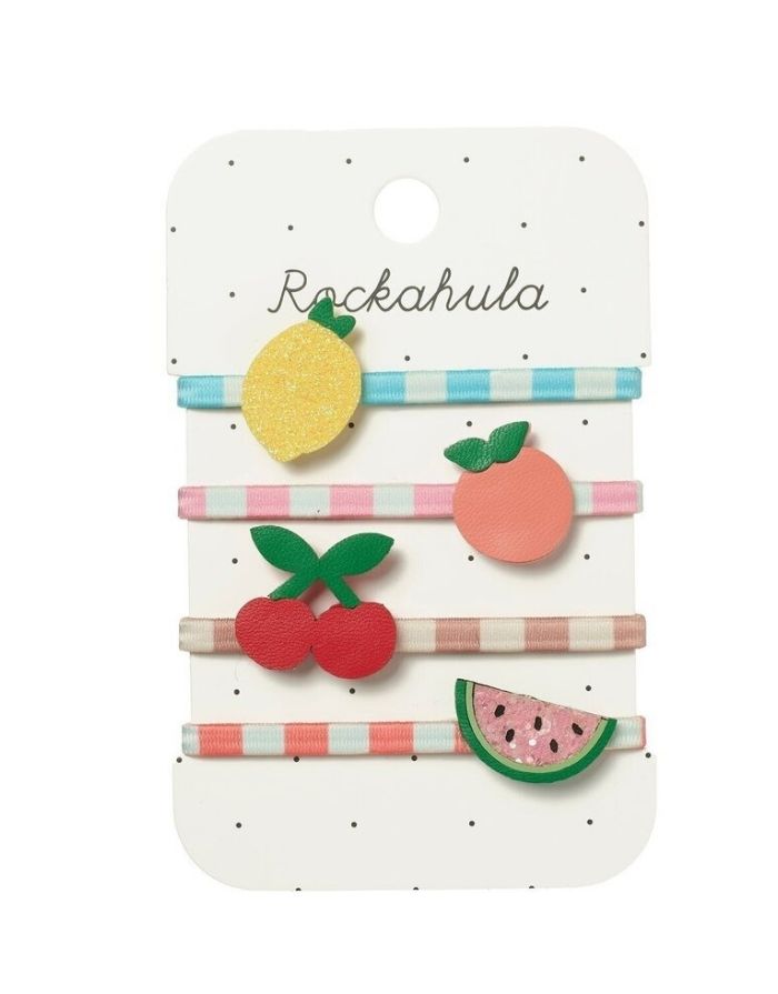 Tutti Fruity Haarspangen von Rockahula im 4er-Set mit glitzernden Zitronen-, Orangen-, Kirsch- und Wassermelonenmotiven auf bunten Klickspangen.