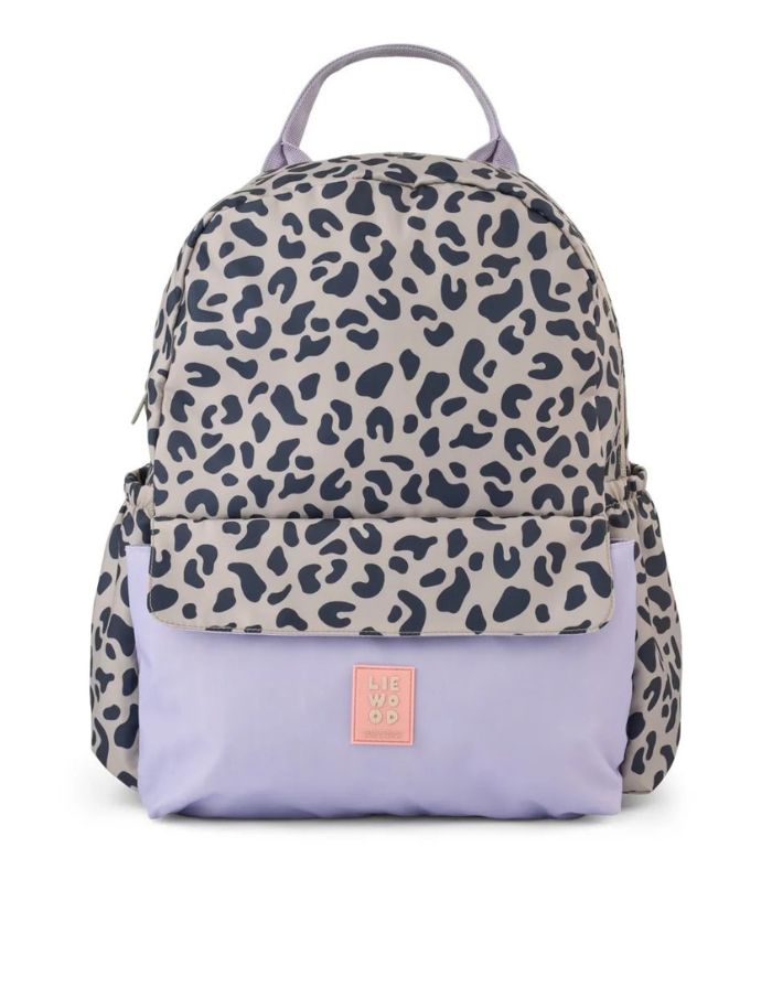 Liewood Rucksack Lennon in Mega Leo Mist Mix  mit Laptopfach, Flaschentasche und gepolsterten Schultergurten von vorne.
