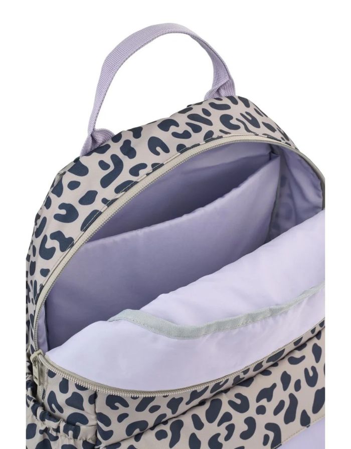 Liewood Rucksack Lennon in Mega Leo Mist Mix  mit Laptopfach, Flaschentasche und gepolsterten Schultergurten geöffnet