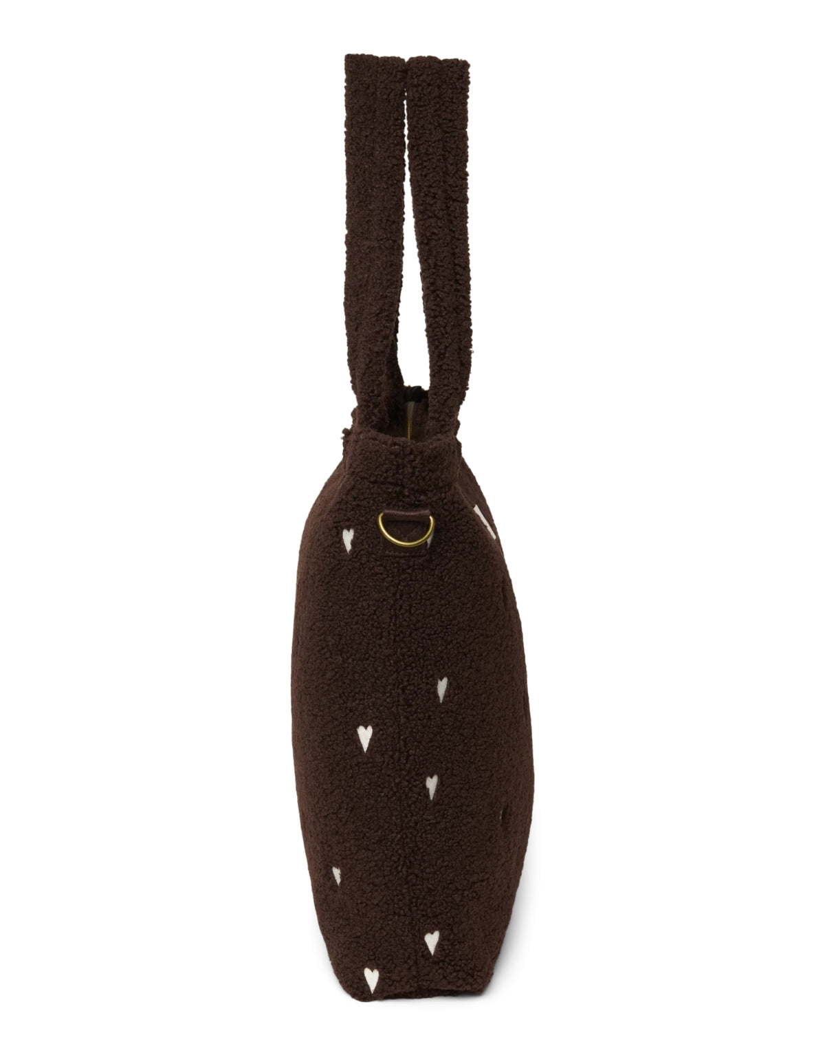 Schokoladenbraune Wickeltasche Chocolate Teddy Hearts von Studio Noos aus weichem Teddy-Material mit gestickten Herzen, Reißverschluss und praktischen Innenfächern.