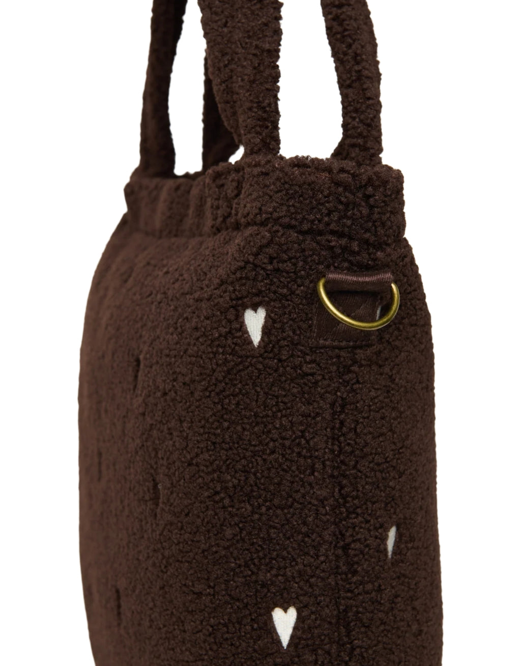 Schokoladenbraune Wickeltasche Chocolate Teddy Hearts von Studio Noos aus weichem Teddy-Material mit gestickten Herzen, Reißverschluss und praktischen Innenfächern.