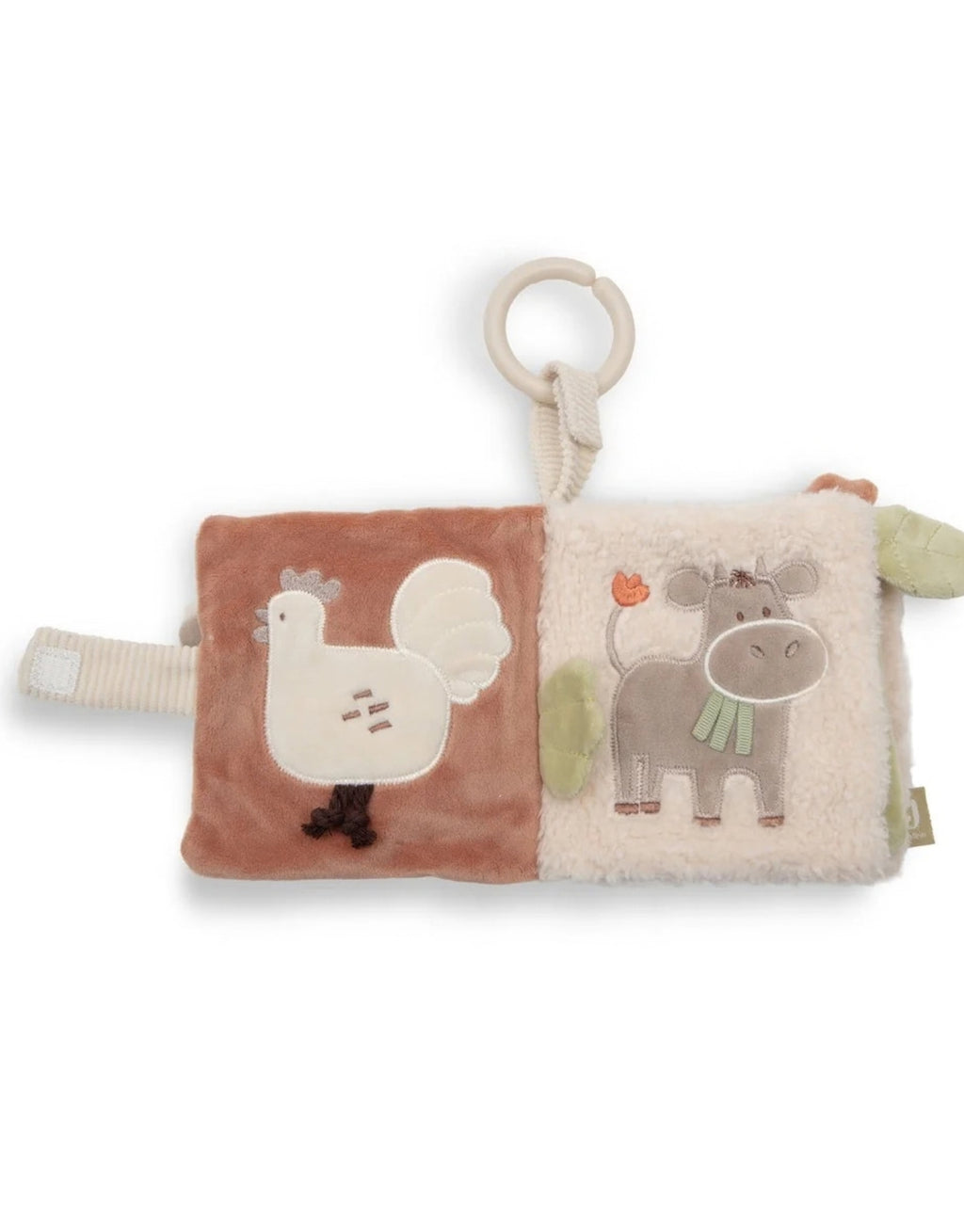 Weiches Stoffbuch Barn Buddies von Jollein mit Bauernhoftieren, Knisterelementen, Fühl-Labels, aufklappbaren Laschen und Spiegel für Babys geöffnet 