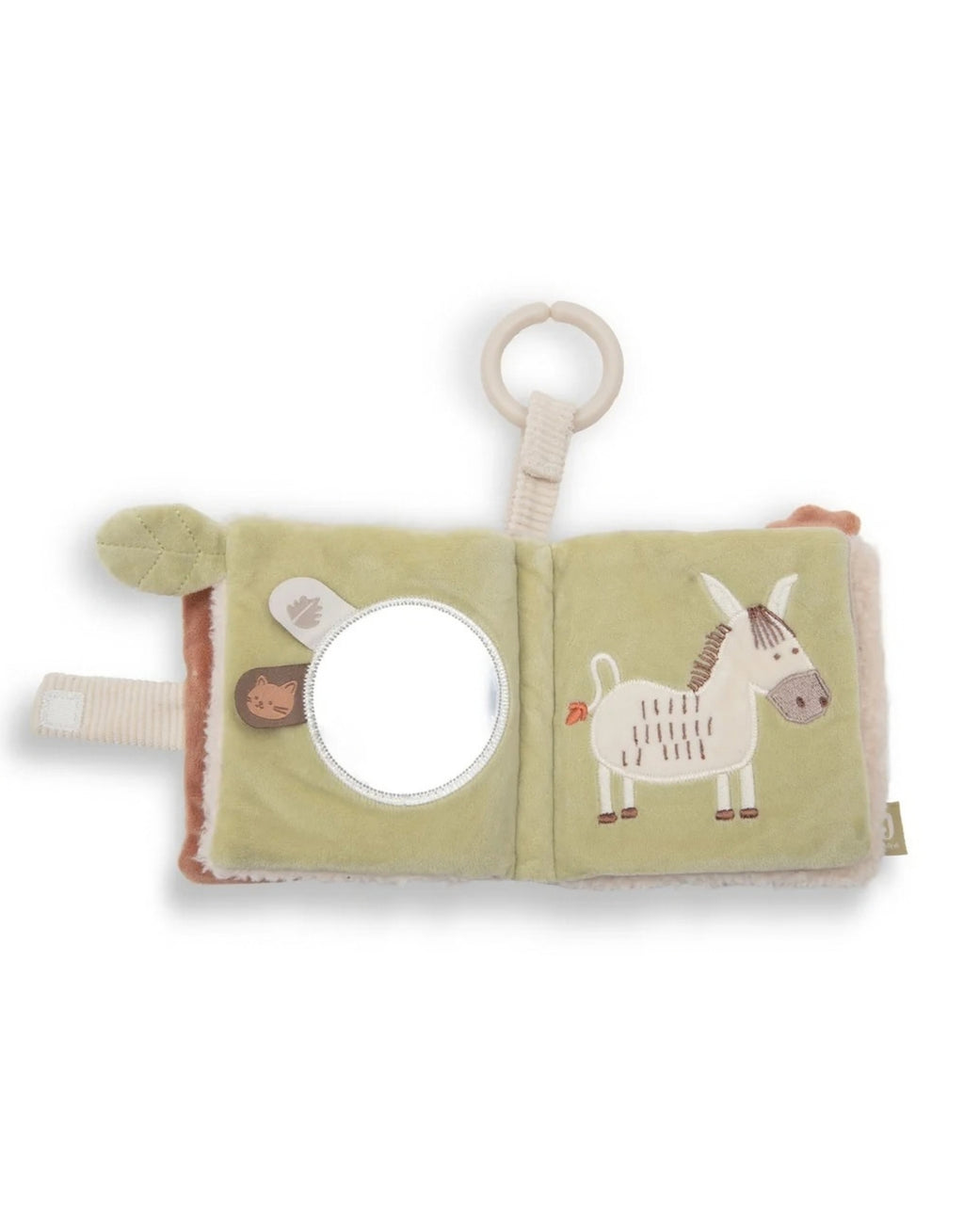 Weiches Stoffbuch Barn Buddies von Jollein mit Bauernhoftieren, Knisterelementen, Fühl-Labels, aufklappbaren Laschen und Spiegel für Babys geöffnet auf dritter Seite