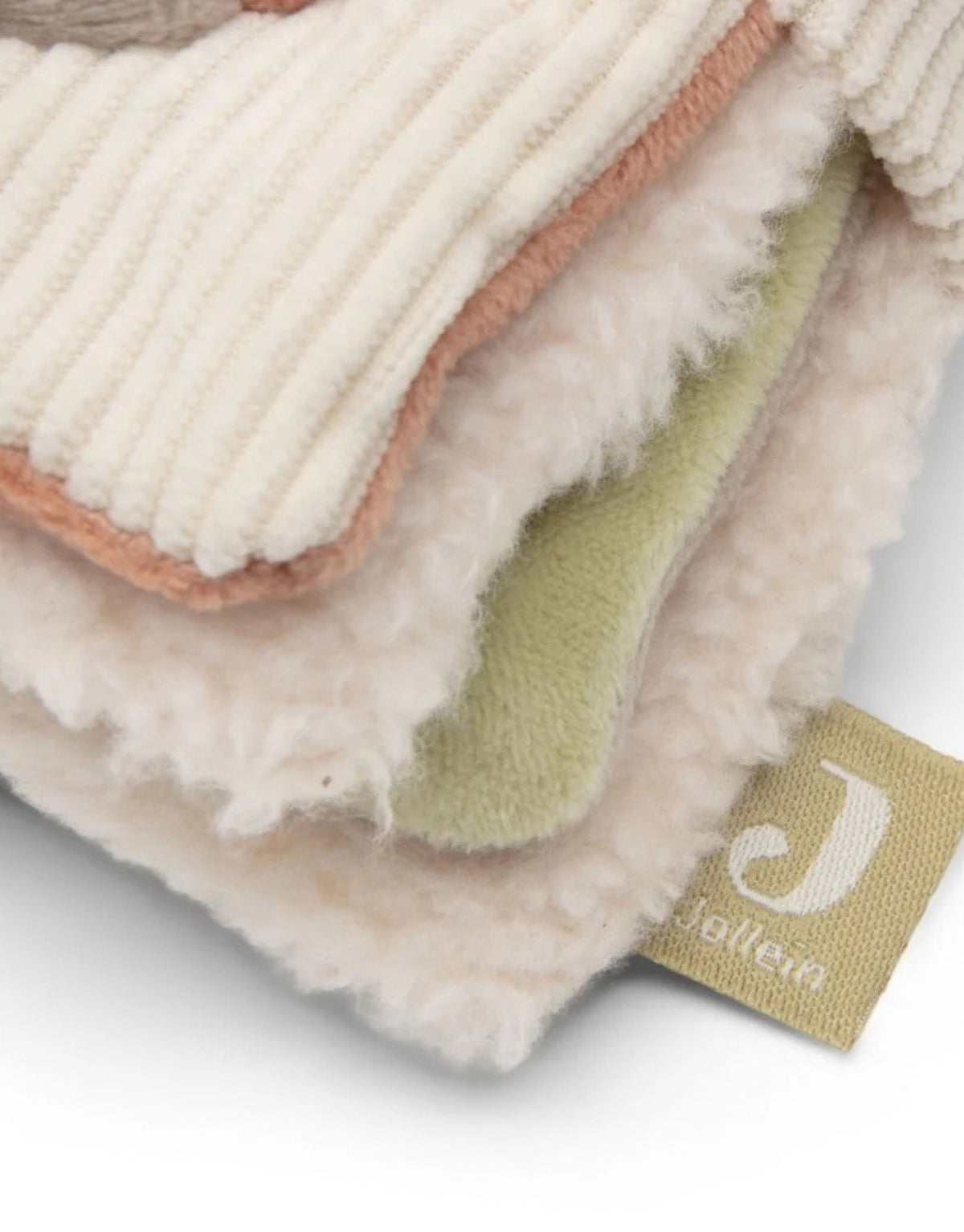 Weiches Stoffbuch Barn Buddies von Jollein mit Bauernhoftieren, Knisterelementen, Fühl-Labels, aufklappbaren Laschen und Spiegel für Babys im Detail
