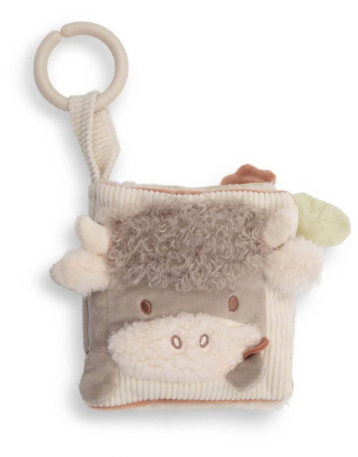 Weiches Stoffbuch Barn Buddies von Jollein mit Bauernhoftieren, Knisterelementen, Fühl-Labels, aufklappbaren Laschen und Spiegel für Babys von vorne