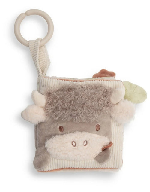 Weiches Stoffbuch Barn Buddies von Jollein mit Bauernhoftieren, Knisterelementen, Fühl-Labels, aufklappbaren Laschen und Spiegel für Babys von vorne