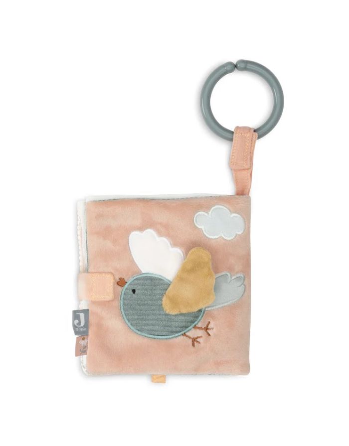 Jollein Activity Stoffbuch „Lovely Birds“ – farbenfrohes Stoffbuch mit Fee Amy, Blumen, Vogelhaus, Tulpe, Vogel und sternförmigem Spiegel, aus Polyester, CE-zertifiziert.