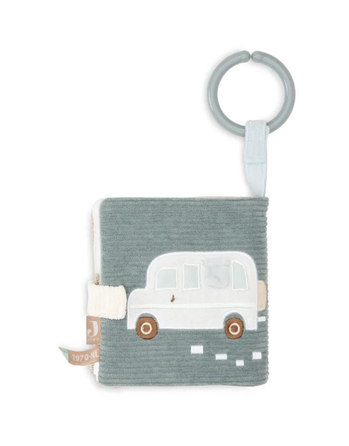 Jollein Activity Stoffbuch „On The Go“ – weiches Stoffbuch in Sea Green und Cloud Blue mit Knisterelementen, Schnüren, Spiegeln und Schlüsselanhänger, CE-zertifiziert.