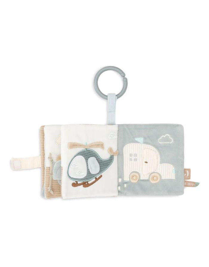 Jollein Activity Stoffbuch „On The Go“ – weiches Stoffbuch in Sea Green und Cloud Blue mit Knisterelementen, Schnüren, Spiegeln und Schlüsselanhänger, CE-zertifiziert.