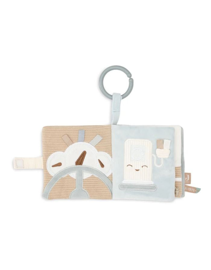 Jollein Activity Stoffbuch „On The Go“ – weiches Stoffbuch in Sea Green und Cloud Blue mit Knisterelementen, Schnüren, Spiegeln und Schlüsselanhänger, CE-zertifiziert.