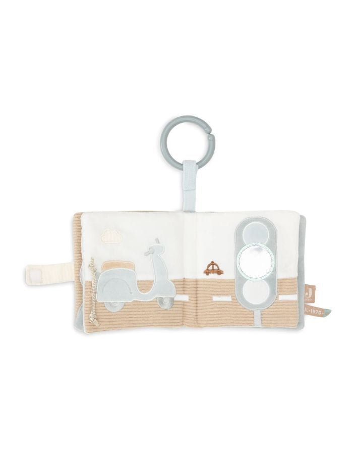 Jollein Activity Stoffbuch „On The Go“ – weiches Stoffbuch in Sea Green und Cloud Blue mit Knisterelementen, Schnüren, Spiegeln und Schlüsselanhänger, CE-zertifiziert.