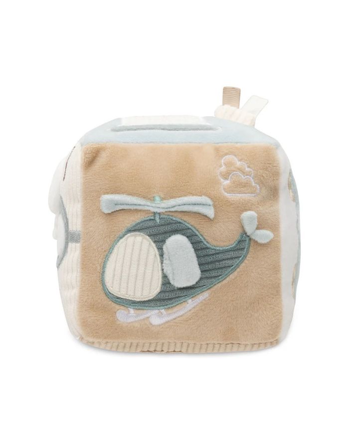 Jollein Aktivitäten-Würfel „On The Go“ – weicher Baby-Spielwürfel mit Schlüssel, Spiegel, Tankstellenmotiv und Ampel, Sea Green &amp; Biscuit, 10x10x10 cm, handwaschbar.
