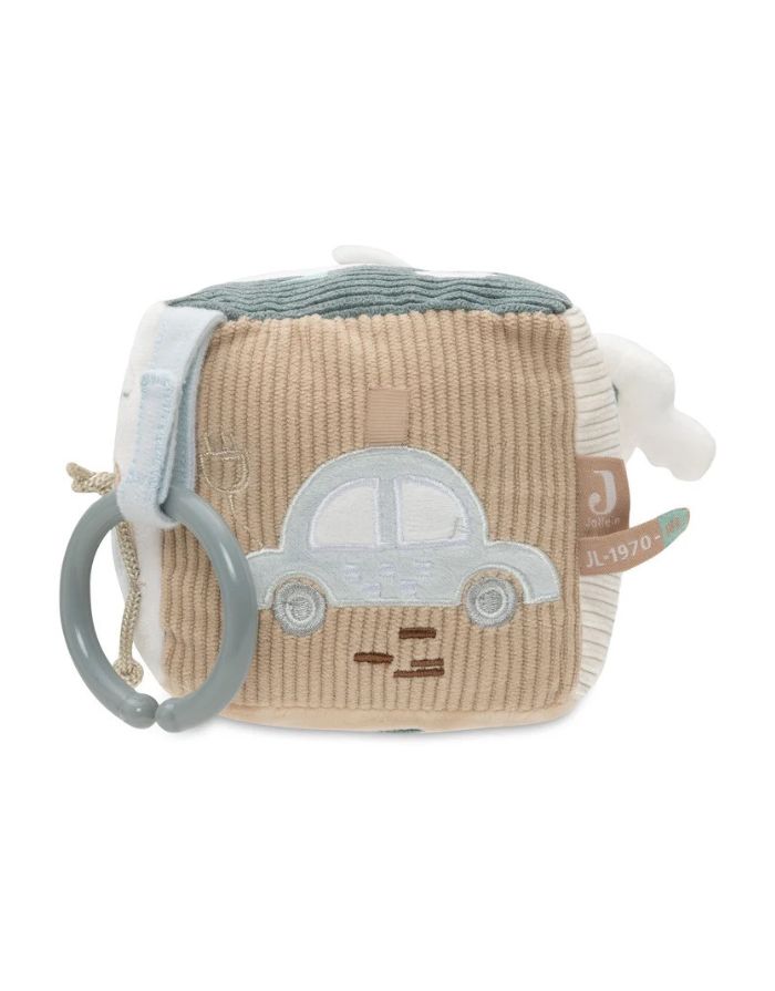 Jollein Aktivitäten-Würfel „On The Go“ – weicher Baby-Spielwürfel mit Schlüssel, Spiegel, Tankstellenmotiv und Ampel, Sea Green &amp; Biscuit, 10x10x10 cm, handwaschbar.