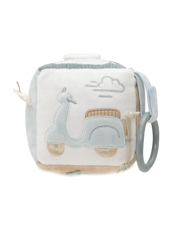 Jollein Aktivitäten-Würfel „On The Go“ – weicher Baby-Spielwürfel mit Schlüssel, Spiegel, Tankstellenmotiv und Ampel, Sea Green &amp; Biscuit, 10x10x10 cm, handwaschbar.