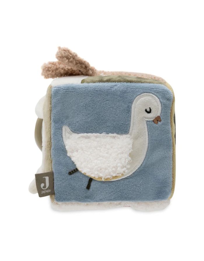 Jollein Aktivitäten-Würfel „Tiny Park“ – weicher Baby-Spielwürfel mit Tieren (Katze, Hund, Eule), Spiegel und knisternden Elementen, 10x10x10 cm, handwaschbar.