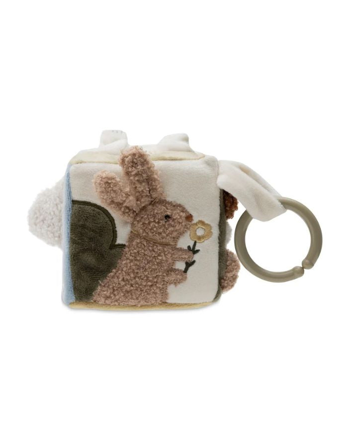 Jollein Aktivitäten-Würfel „Tiny Park“ – weicher Baby-Spielwürfel mit Tieren (Katze, Hund, Eule), Spiegel und knisternden Elementen, 10x10x10 cm, handwaschbar.