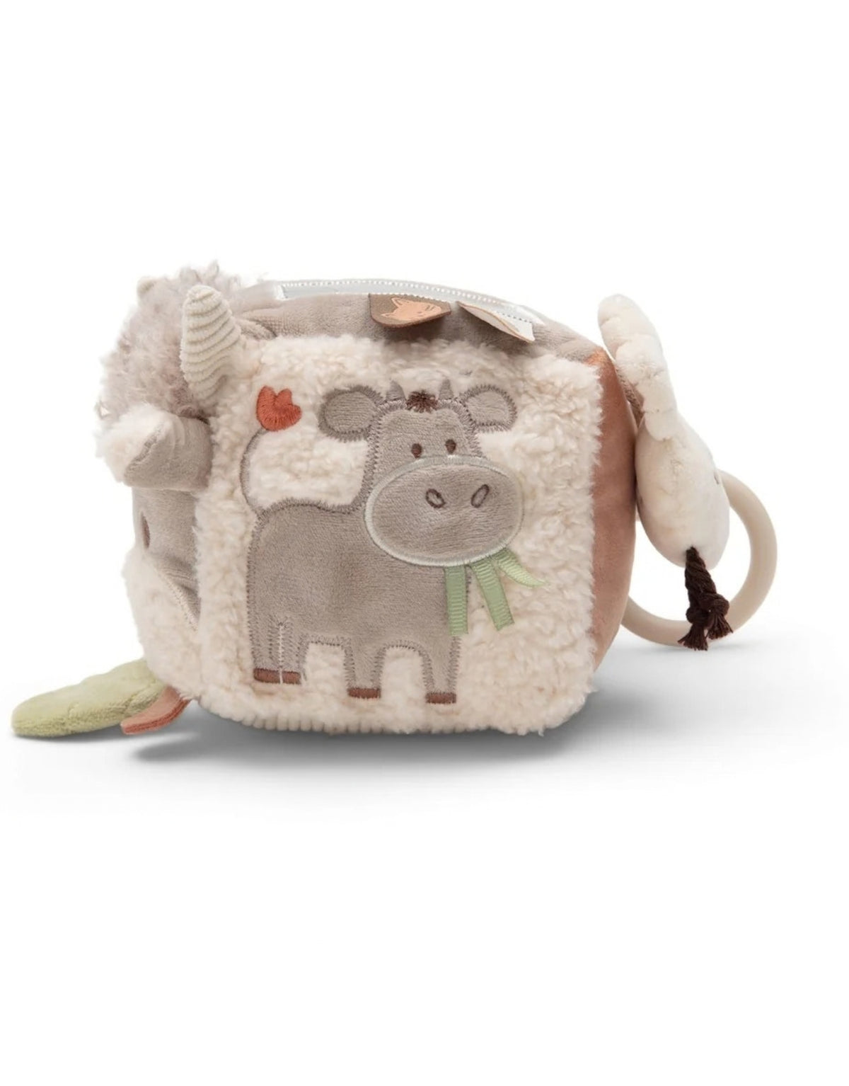 Weicher Aktivitäten-Würfel Barn Buddies von Jollein mit Bauernhoftieren, Spiegel, Knisterelementen und Glöckchen für Babys mit Kuh