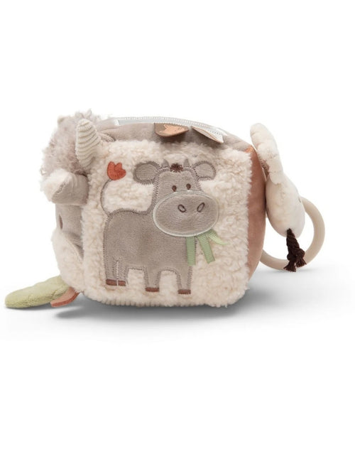 Weicher Aktivitäten-Würfel Barn Buddies von Jollein mit Bauernhoftieren, Spiegel, Knisterelementen und Glöckchen für Babys mit Kuh