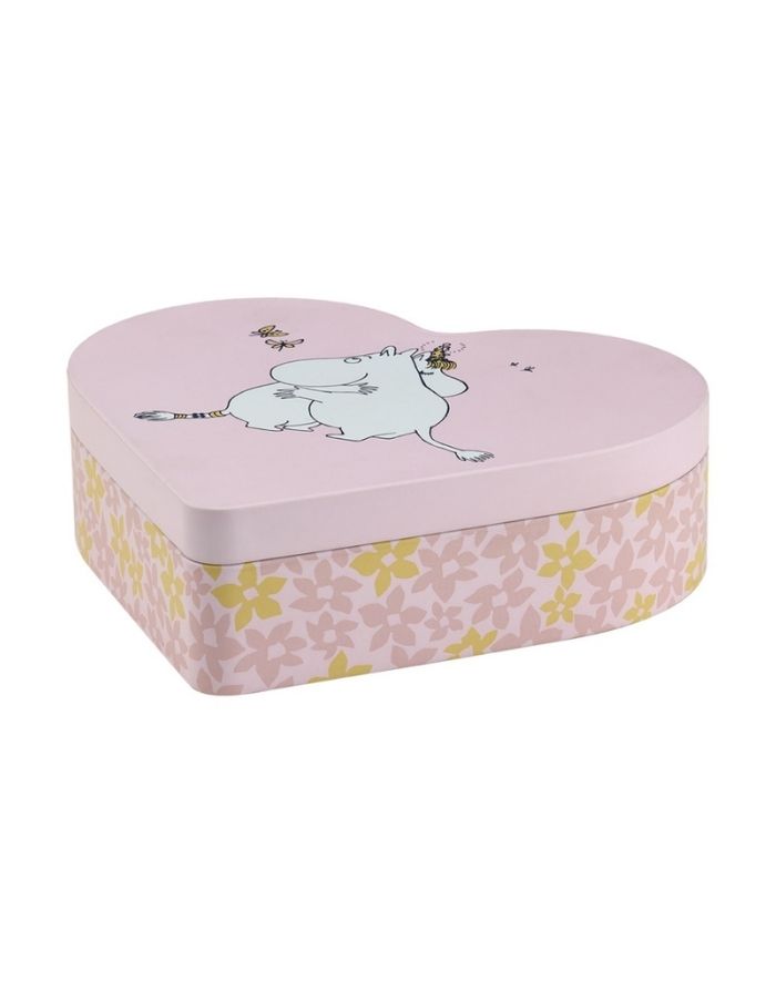 Muurla Metalldose Moomin Hug in Herzform in Rosa mit Moomintroll und Snorkmaiden Umarmung.